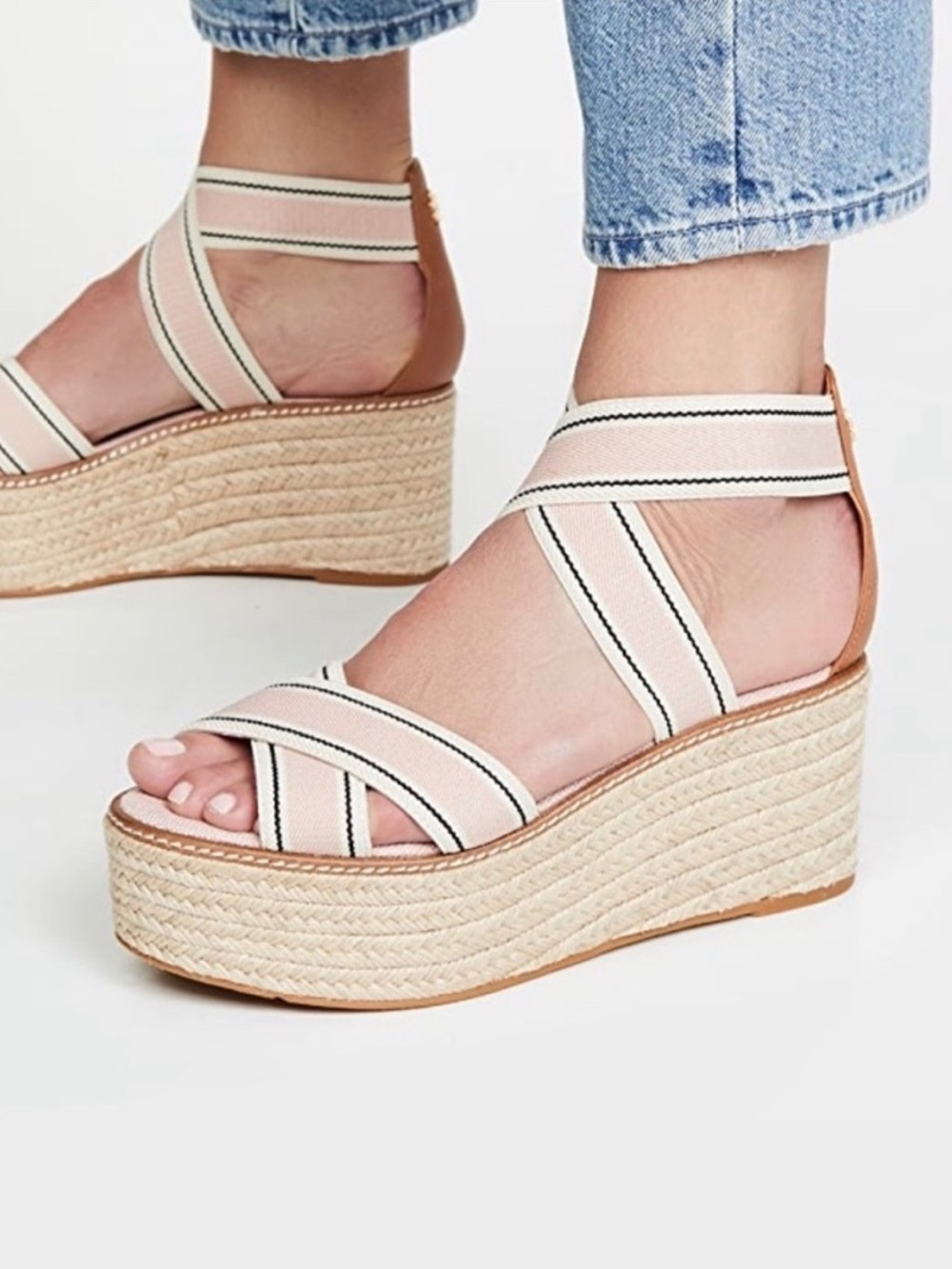 Tory Burch Frieda Espadrille Wedge Sandal Blush Pink Stripe/Tan Size 8.5 Women
